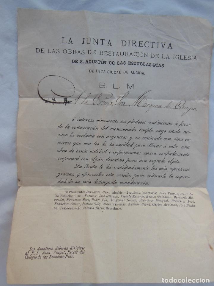 Documentos antigos: ESCUELAS P&Iacute;AS DE ALCIRA (ALZIRA) A LA MARQUESA DE CAMPO. El rector Juan Vengut. Bernardo Sanz,..1878