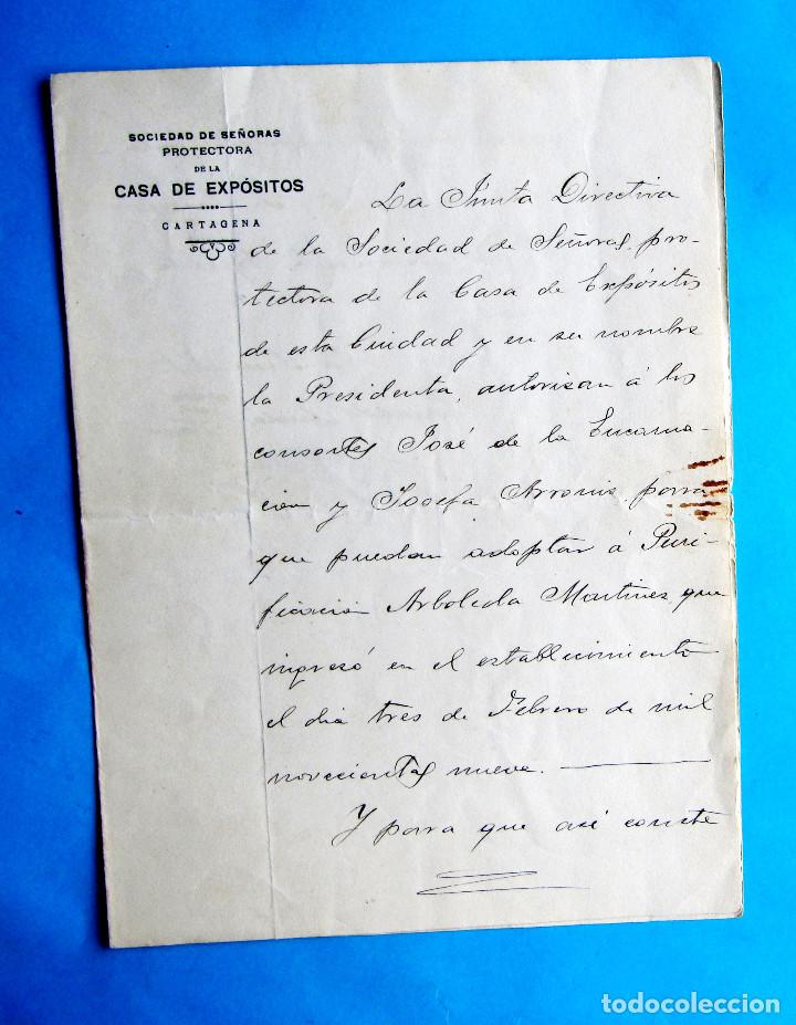 Documentos antiguos: SOCIEDAD DE SE&Ntilde;ORAS PROTECTORA DE LA CASA DE EXP&Oacute;SITOS. CERTIFICADO DE ADOPCI&Oacute;N. CARTAGENA, 1931.