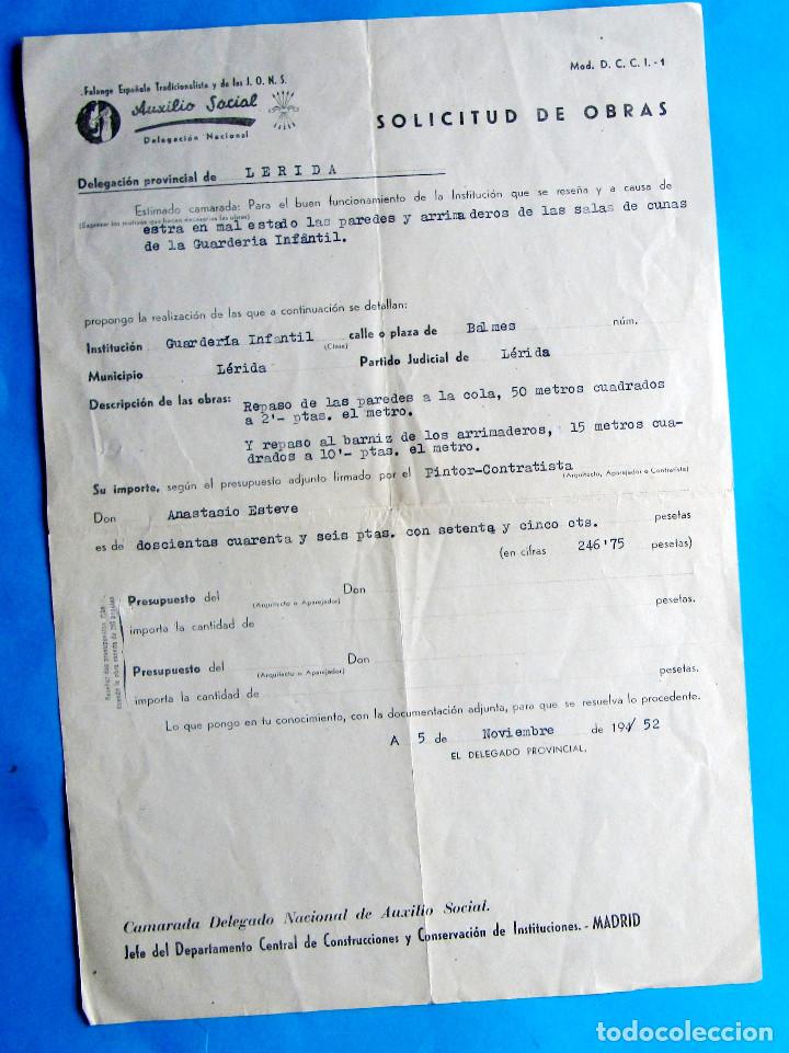 Documentos antiguos: SOLICITUD DE OBRAS. FALANGE ESPA&Ntilde;OLA TRADICIONALISTA Y DE LAS J.O.N.S. L&Eacute;RIDA, 1952