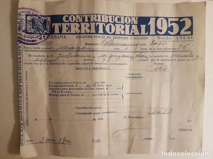 Documenti antichi: RECIBO ANUAL CONTRIBUCION TERRITORIAL 1952 VILLAMANRIQUE DE TAJO