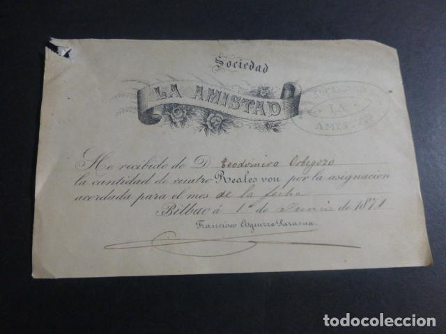 Alte Dokumente: BILBAO SOCIEDAD LA AMISTAD 1871 RECIBO CUOTA SOCIO