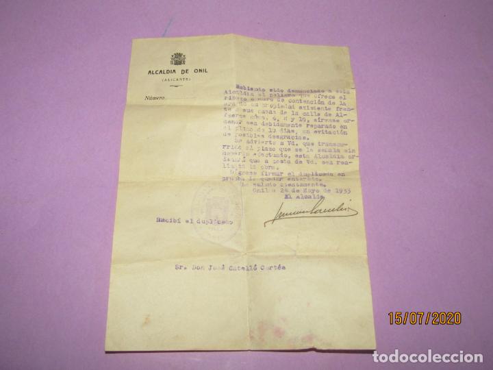 Documenti antichi: Antiguo Documento de la Alcald&iacute;a de ONIL Enviado a un Vecino de la Poblaci&oacute;n del A&ntilde;o 1933