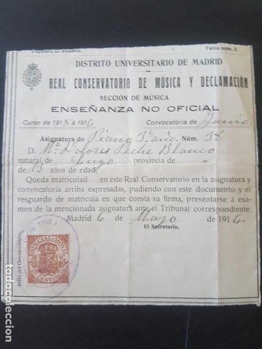 Documentos antiguos: MADRID REAL CONSERVATORIO DE MUSICA MATRICULA Y CALIFICACION 1916