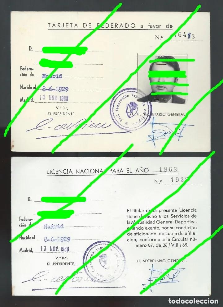 Documentos antiguos: 2 DOCUMENTOS. REAL FEDERACI&Oacute;N ESPA&Ntilde;OLA DE ESGRIMA. TARJETA DE FEDERADO Y LICENCIA NACIONAL. A&Ntilde;O 1968