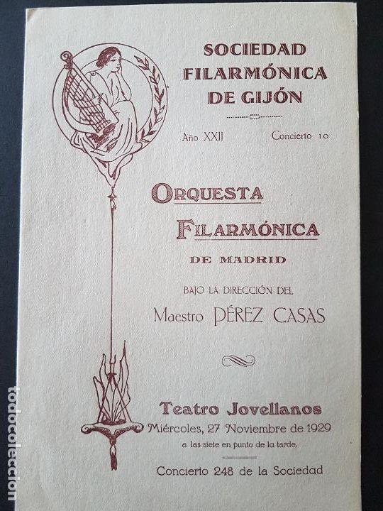 Documentos antiguos: GIJON ASTURIAS TEAT. JOVELLANOS PROGRAMA CONCIERTO ORQUESTA FILARMONICA MADRID MAESTRO PEREZ CASAS