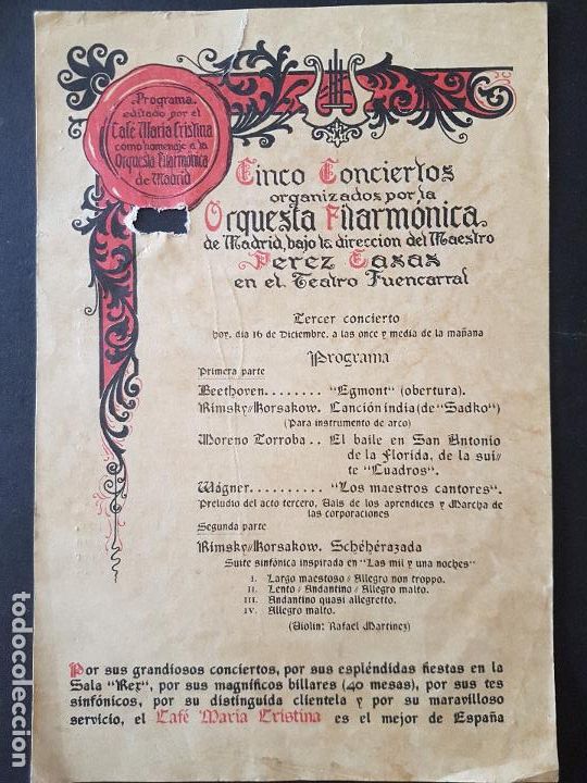 Old Documents: MADRID TEATRO FUENCARRAL PROGRAMA CONCIERTO ORQUESTA FILARMONICA DE MADRID A&Ntilde;OS 30