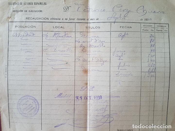 Old Documents: SOCIEDAD GENERAL DE AUTORES DOCUMENTO COBRO MUSICO FEDERICO P. CHICARRO 1930 MADRID
