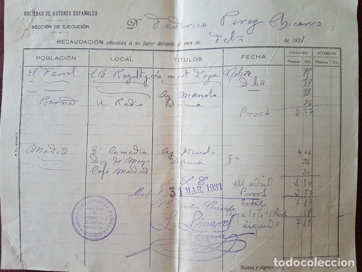 Old Documents: SOCIEDAD GENERAL DE AUTORES DOCUMENTO COBRO MUSICO FEDERICO P. CHICARRO 1930 BARCELONA EL FERROL