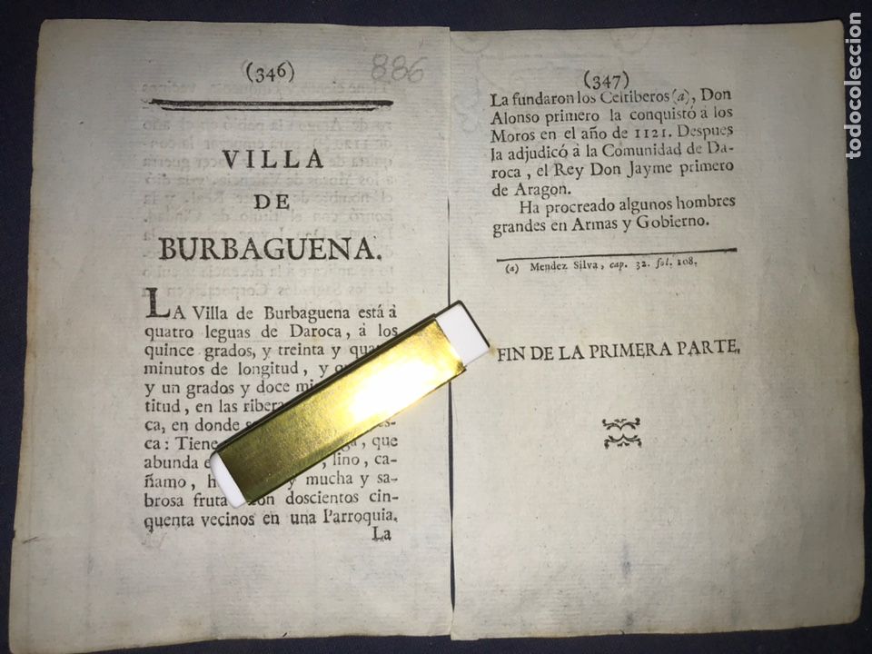 Old Documents: DESCRIPCI&Oacute;N DE LA VILLA DE BURB&Aacute;GUENA, DEL A&Ntilde;O 1779. IMPRESO ORIGINAL.