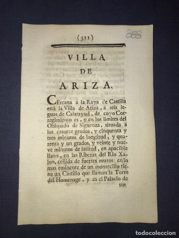 Old Documents: DESCRIPCI&Oacute;N DE LA VILLA DE ARIZA DEL A&Ntilde;O 1779. IMPRESO ORIGINAL.