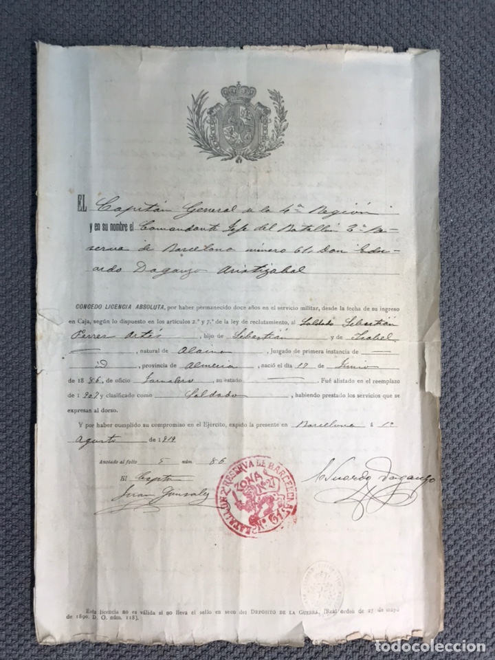 Documenti antichi: BARCELONA - MILITAR. Barcelona Batallon 2a. Reserva No.27, El Capitan General de la 4a. Regi&oacute;n.