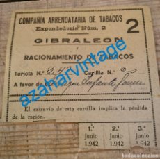 Documentos antiguos: GIBRALEON, HUELVA. TARJETA RACIONAMIENTO TABACO, REVERSO SELLO FALANGE, MUY RARA