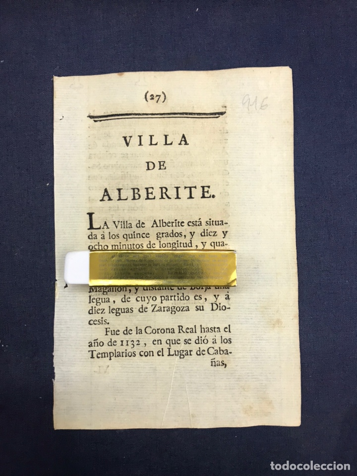 Old Documents: DESCRIPCI&Oacute;N DE LA VILLA DE ALBERITE DE SAN JUAN, DEL A&Ntilde;O 1779. IMPRESO ORIGINAL.