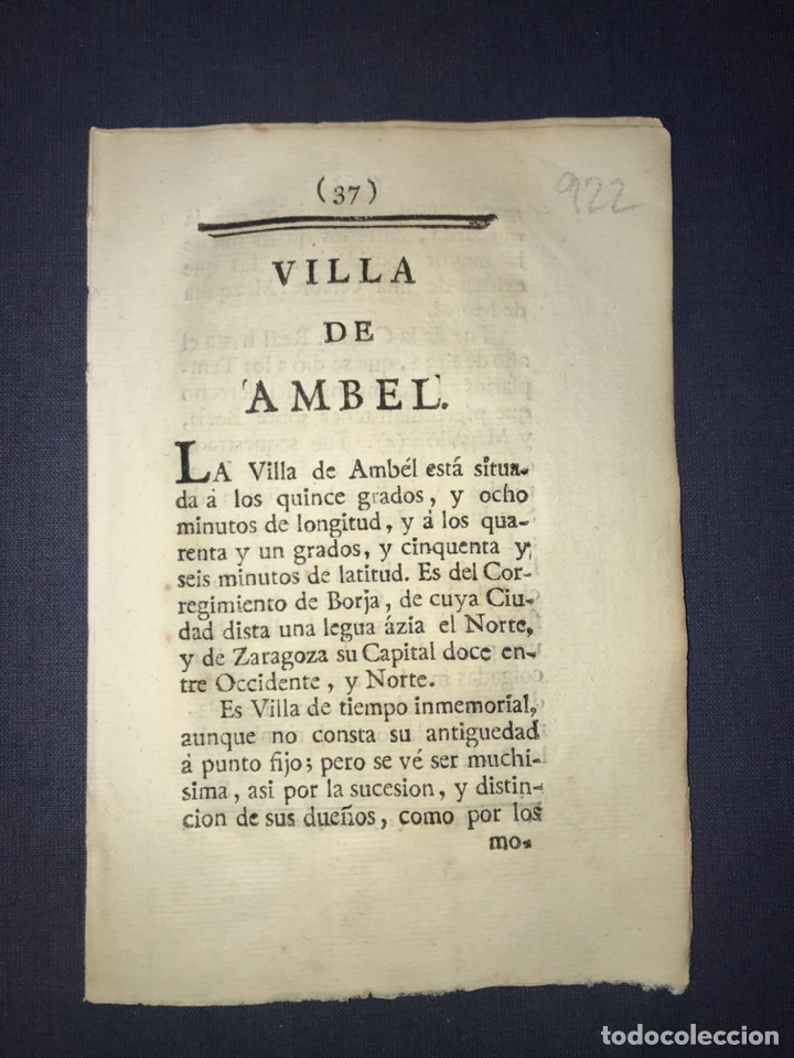 Old Documents: DESCRIPCI&Oacute;N DE LA VILLA DE AMBEL DEL A&Ntilde;O 1779. IMPRESO ORIGINAL.