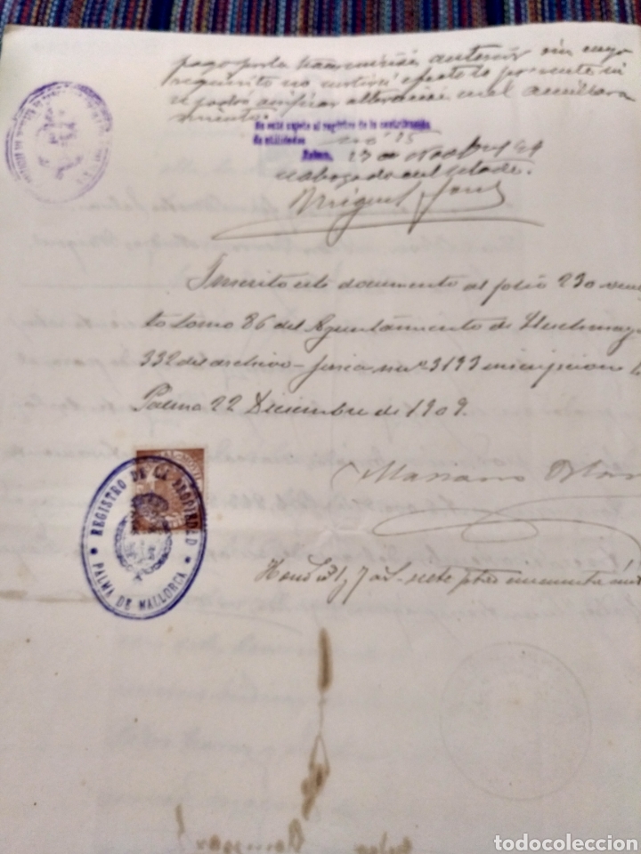 Documentos antiguos: 1909 DOCUMENTO LLUCMAJOR MALLORCA CON DIVERSAS TASAS Y SELLOS - Foto 3