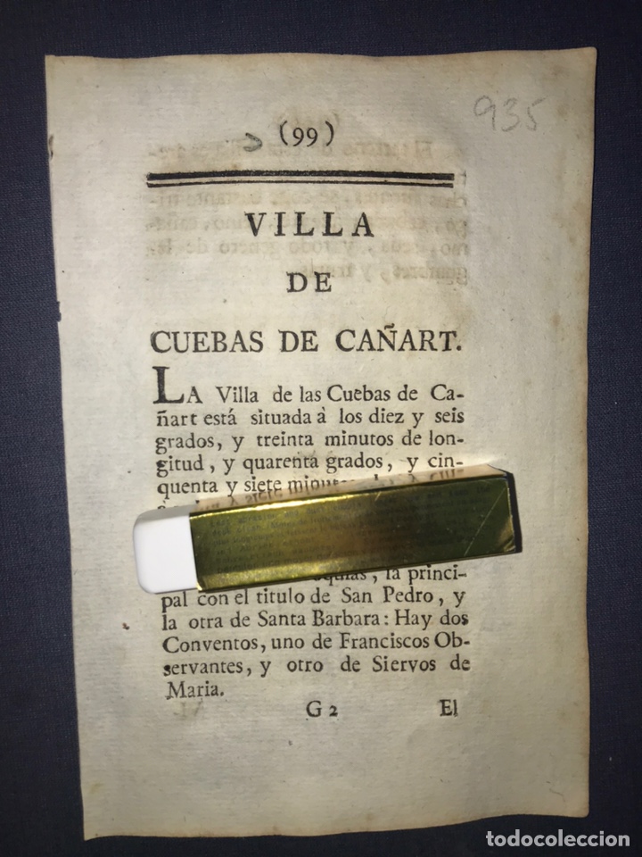 Alte Dokumente: DESCRIPCI&Oacute;N DE LA VILLA DE CUEVAS DE CA&Ntilde;ART DEL A&Ntilde;O 1779. IMPRESO ORIGINAL.