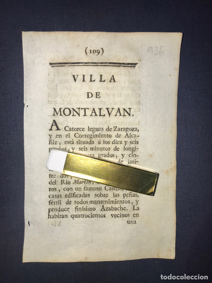 Alte Dokumente: DESCRIPCI&Oacute;N DE LA VILLA DE MONTALB&Aacute;N DEL A&Ntilde;O 1779. IMPRESO ORIGINAL.