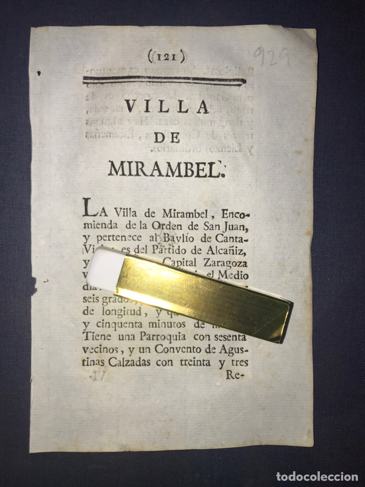 Old Documents: DESCRIPCI&Oacute;N DE LA VILLA DE MIRAMBEL DEL A&Ntilde;O 1779. IMPRESO ORIGINAL.