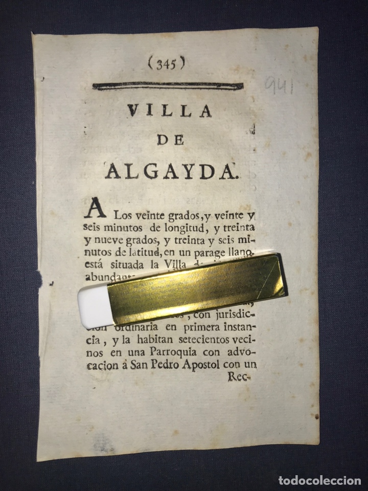 Alte Dokumente: DESCRIPCI&Oacute;N DE LA VILLA DE ALGAIDA, DEL A&Ntilde;O 1779. IMPRESO ORIGINAL. BALEARES.