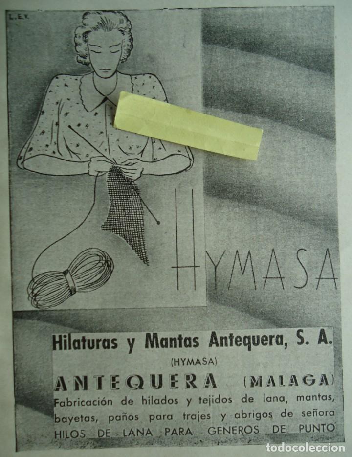 Documentos antiguos: publicidad vintage 1937 hymasa antequera malaga hilo tejido lana ropa traje moda pa&ntilde;o textil vestido