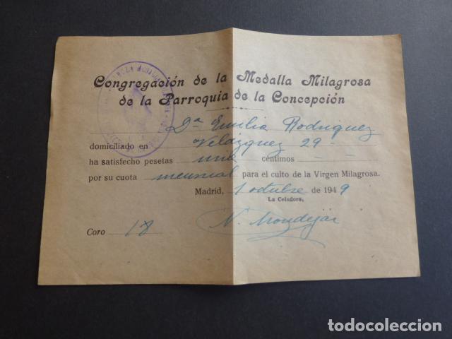 Old Documents: MADRID RECIBO CONGREGACION DE LA MEDALLA MILAGROSA PARROQUIA LA CONCEPCION 1949