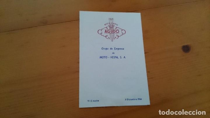 Documentos antiguos: TARJETA MENU PARA GRUPO DE EMPRESAS MOTO VESPA - RESTAURANTE AGUDO MADRID 1966