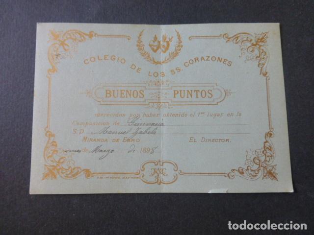 Documentos antiguos: MIRANDA DE EBRO BURGOS COLEGIO DE LOS SAGRADOS CORAZONES 1899 CERTIFICADO BUENOS PUNTOS APLICACION