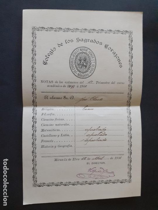 Documentos antiguos: MIRANDA DE EBRO BURGOS COLEGIO DE LOS SAGRADOS CORAZONES NOTAS ALUMNO 1898