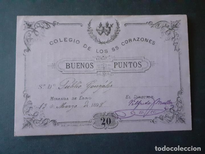 Documentos antiguos: MIRANDA DE EBRO BURGOS COLEGIO DE LOS SAGRADOS CORAZONES BUENOS PUNTOS PREMIO A ALUMNO 1898