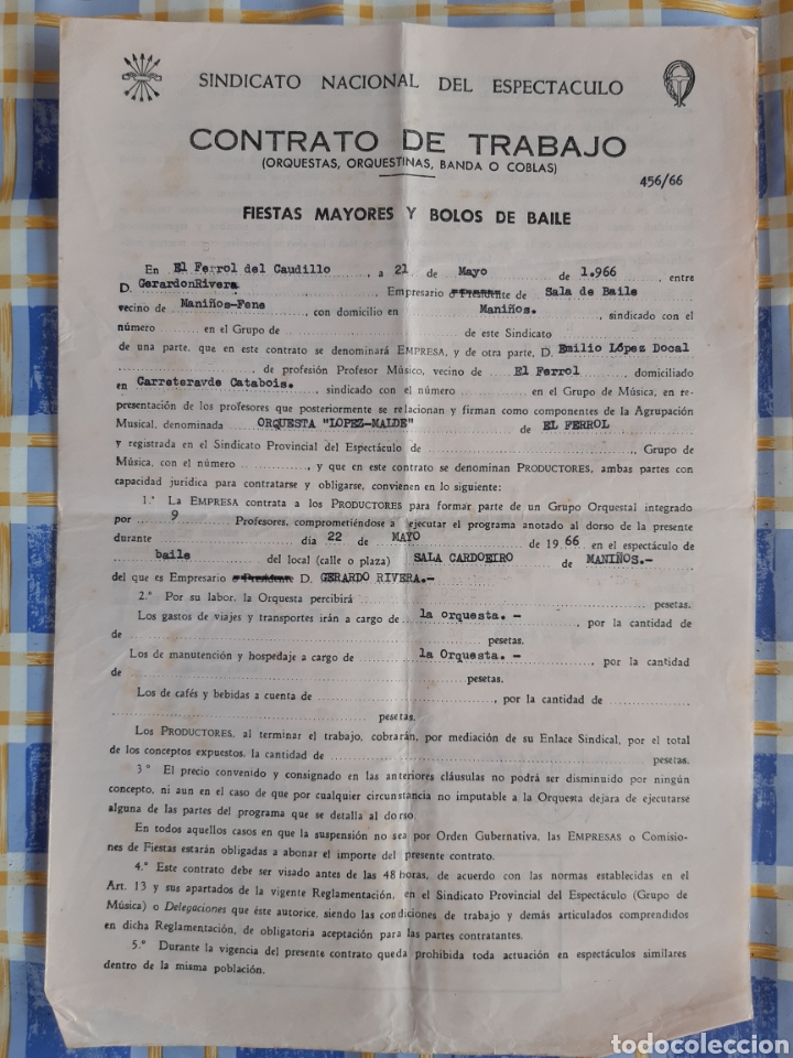 Documentos antiguos: Contrato Orquesta L&oacute;pez Malde - Mani&ntilde;os (Fene) 1966
