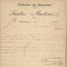 Documentos antiguos: SANTOS MARTÍNEZ. FÁBRICA DE BAYETAS. PRADOLUENGO. BURGOS. 1907. CARTA A A. BADÍA. SABADELL.. Lote 217465746