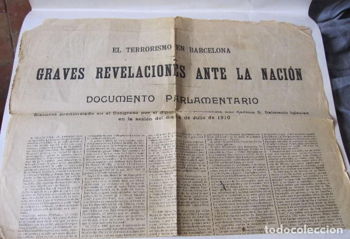 Documentos antiguos: DALMASIO IGLESIAS. EL TERRORISMO EN BARCELONA. DOCUMENTO PARLAMENTARIO,1910. 54 X 38 CM.