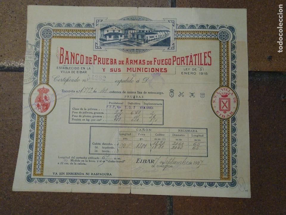 Old Documents: BANCO DE PRUEBAS ARMAS DE FUEGO PORTATILES Eibar. certificado. 1927