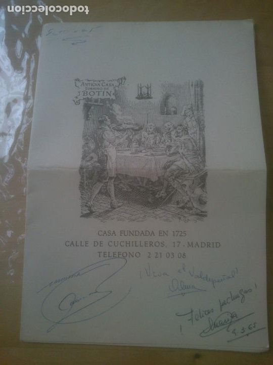 Documentos antiguos: MENU DE ANTIGUA CASA SOBRINO DE BOTIN. MADRID. 1965