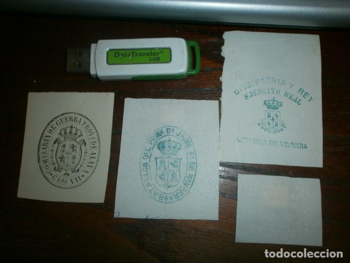 Documentos antiguos: Sellos 4 en papel sello seco Batall&oacute;n 6 de Rey Don Juan Navarra Carlos VII Comisar&iacute;a de Guerra Alava