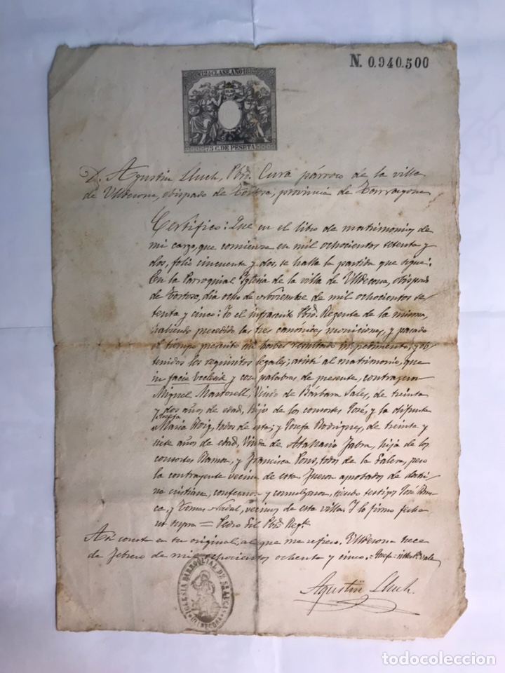 Documentos antiguos: ULLDECONA, Tarragona. Certificado...de Conducta Cristiana, confesaron y comulgaron.. (a.1885)