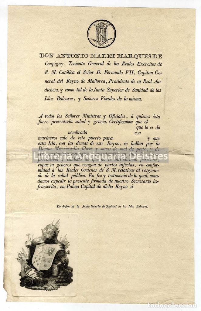 Documentos antiguos: Patente de Sanidad para rellenar, Mallorca [1809]. Don Antonio Malet Marques de Coupigny, [&hellip;]