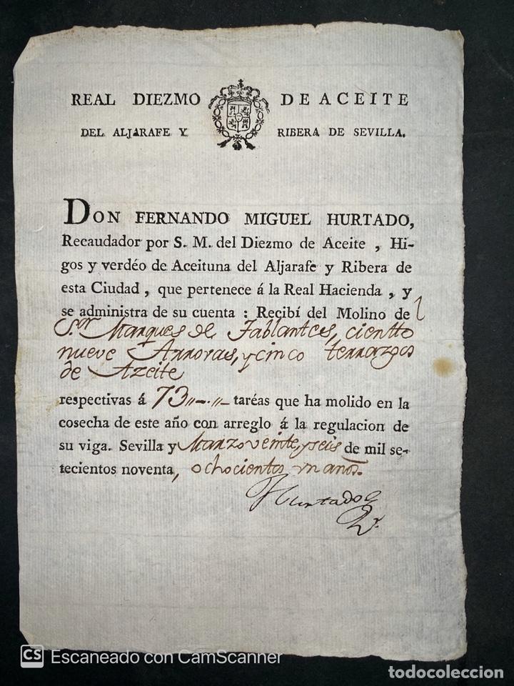 Documentos antiguos: SEVILLA, 1801. ACEITE DIEZMO. LEER - Foto 1