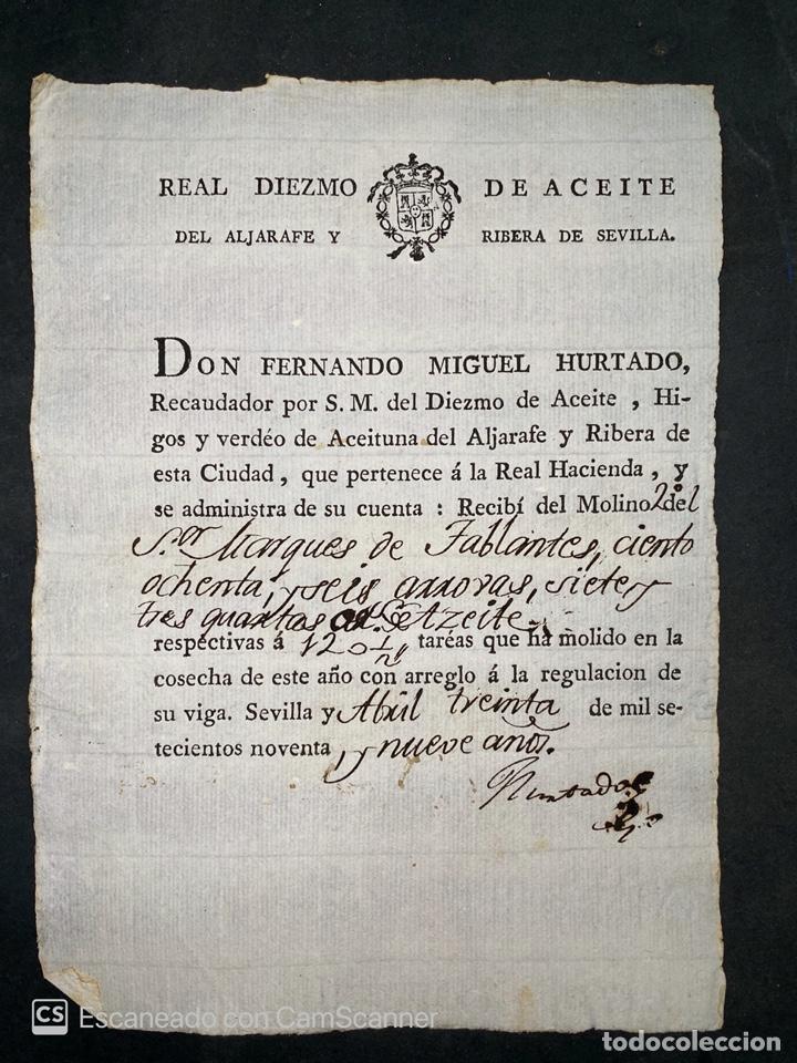 Documentos antiguos: SEVILLA, 1799. ACEITE DIEZMO. LEER - Foto 1