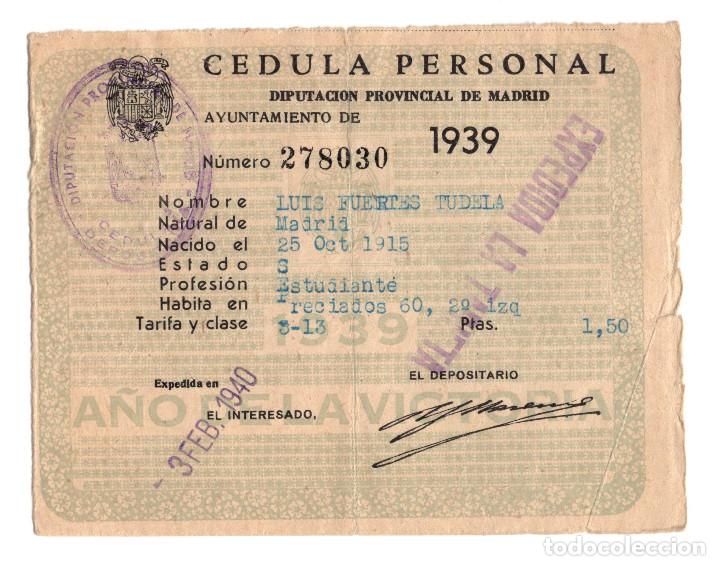 Documentos antiguos: MADRID.- CEDULA PERSONAL. DIPUTACI&Oacute;N DE MADRID. 1939. - Foto 1