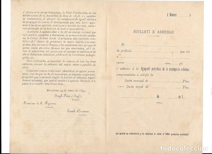 Documentos antiguos: Butlleti d'adhesi&oacute; a l'&rdquo;Agrupaci&oacute; Protectora&rdquo; de la Ensenyansa catalana. A&ntilde;o 1899