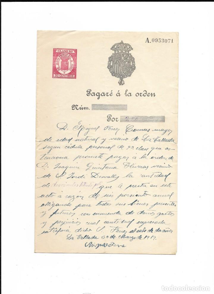 Documentos antiguos: pagar&eacute; a la orden por 270 pesetas. A&ntilde;o 1919