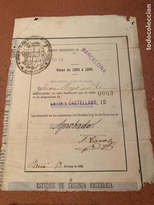 Documentos antigos: Precioso certificado universitario APROBADO en LATIN Y CASTELLANO. Barcelona