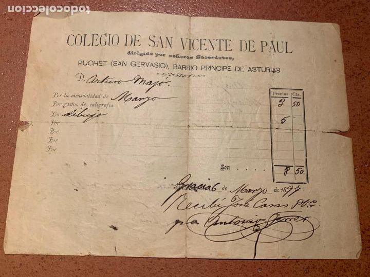 Documentos antigos: Curioso recibo del Colegio San Vicente de Paul. 1897. Barcelona