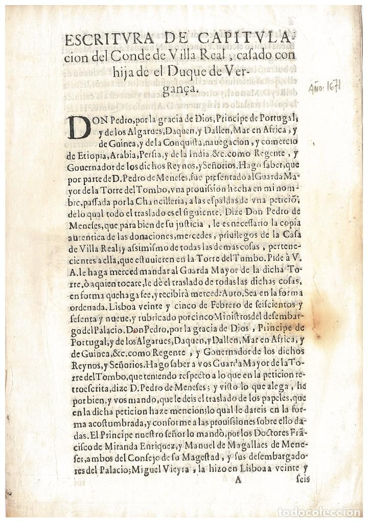 Documentos antiguos: ESCRITURA DE CAPITULACION del conde de Villa Real, casado con hija de el Duque de Vergan&ccedil;a - 1671