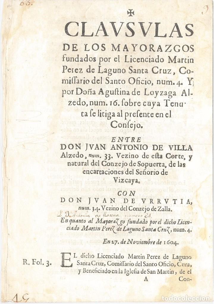 Documentos antiguos: CLAUSULAS de los mayorazgos fundados por Licenciado Martin Perez de Laguno Santa Cruz-Vizcaya,s.XVII
