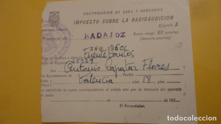 Documentos antiguos: ANTIGUO RECIBO.IMPUESTO RADIOAUDICION.ANTONIO CAPATAZ FLORES.FUENTE DE CANTOS.BADAJOZ 1960