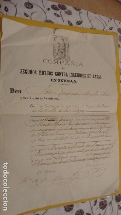 Documentos antiguos: ANTIGUO CERTIFICADO SEGUROS CONTRA INCENDIOS. CALLE SIERPES. SEVILLA 1868. VICENTE VACA RUIZ