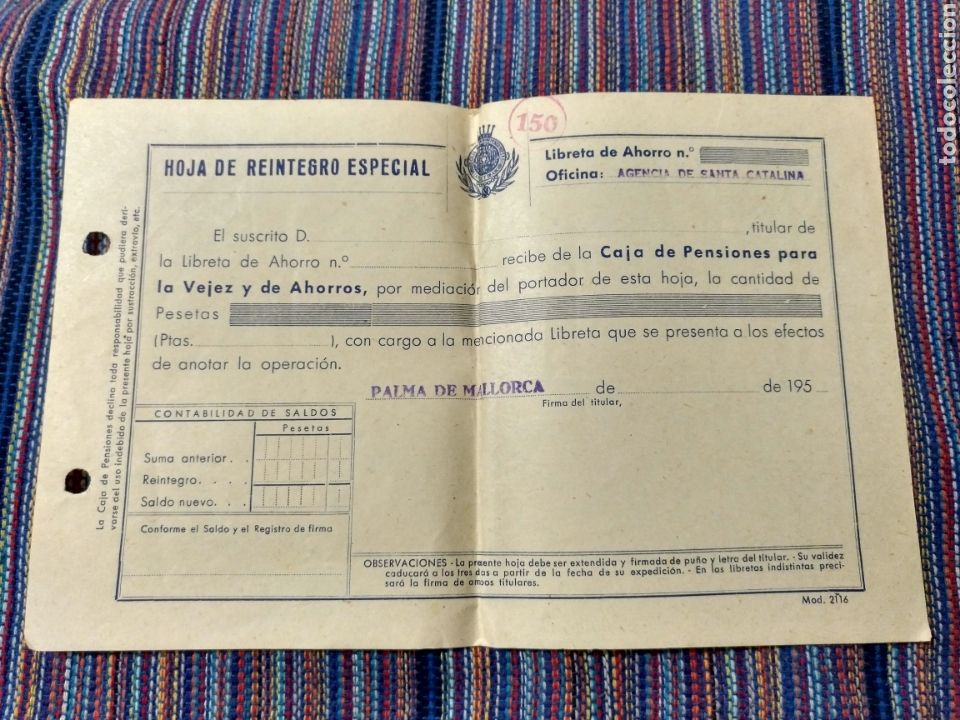 Documents Anciens: HOJA DE REINTEGRO ESPECIAL CAJA PENSIONES VEJEZ Y AHORROS SANTA CATALINA PALMA MALLORCA