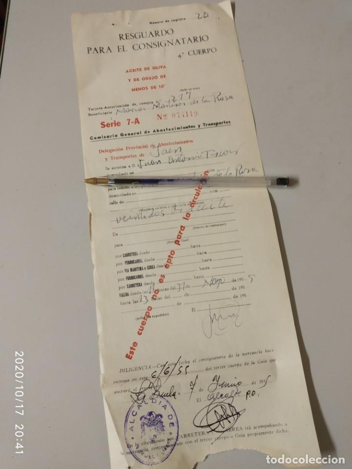 Documentos antiguos: GUIA DE ACEITE DE OLIVA Y ORUJO ABASTECIMIENTOS Y TRANSPORTES 1955 LA IRUELA JAEN.